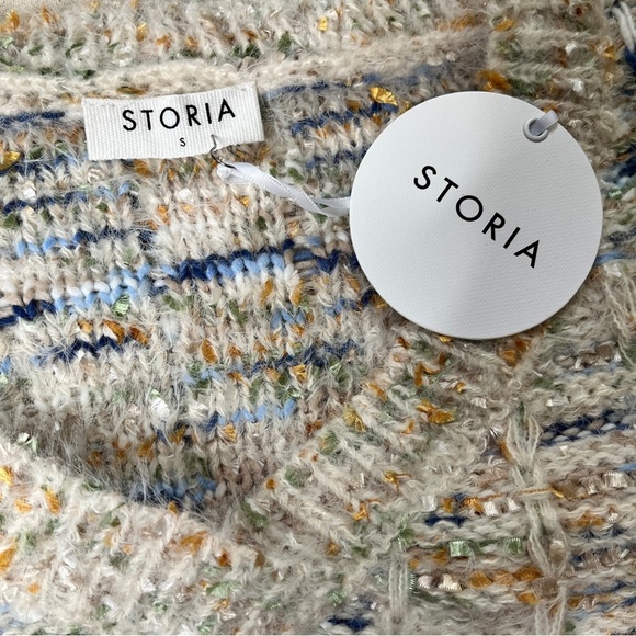 Anthropologie x Storia Textured Ivory Blue Green Gold Knit Cropped Sweater S NWT - Picture 3 of 13